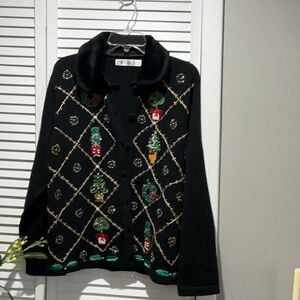 Black Embroidered Cardigan with Holiday Motifs